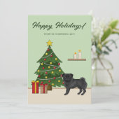 Black Pug Cute Cartoon Dog With A Christmas Tree Holiday Card (Standing Front)