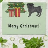 Black Pug Cute Cartoon Dog With A Christmas Tree Kitchen Towel (Folded)