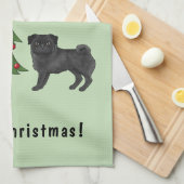 Black Pug Cute Cartoon Dog With A Christmas Tree Kitchen Towel (Quarter Fold)