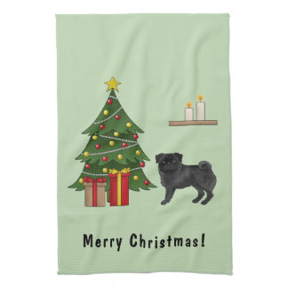 Black Pug Cute Cartoon Dog With A Christmas Tree Kitchen Towel
