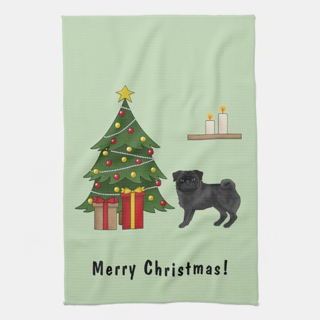 Black Pug Cute Cartoon Dog With A Christmas Tree Kitchen Towel (Vertical)