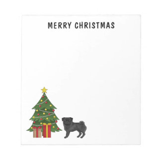 Black Pug Cute Cartoon Dog With A Christmas Tree Notepad