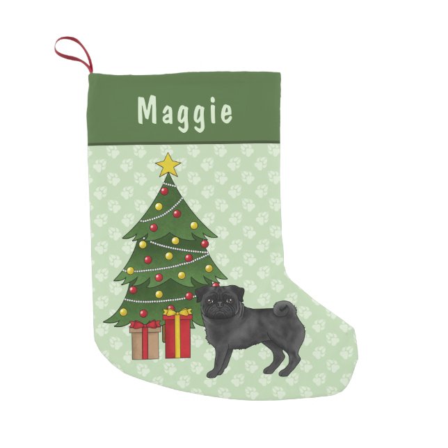 Black Pug Cute Cartoon Dog With A Christmas Tree Small Christmas Stocking (Front)