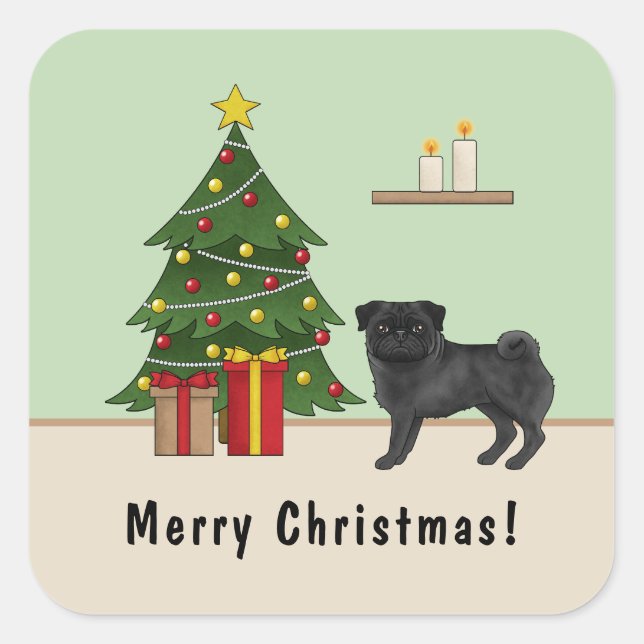 Black Pug Cute Cartoon Dog With A Christmas Tree Square Sticker (Front)