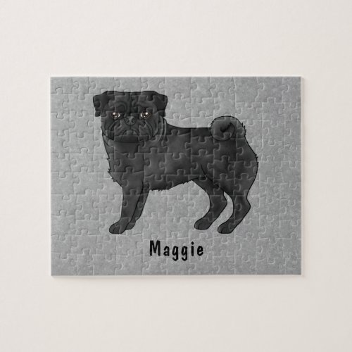 Black Pug Cute Cartoon Dog With Custom Name Blue Jigsaw Puzzle