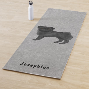 Black Pug Cute Cartoon Dog With Custom Name Blue Yoga Mat
