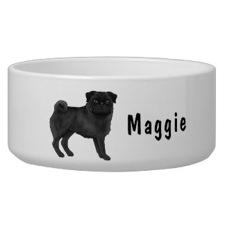 Black Pug Cute Cartoon Dog With Custom Name Bowl