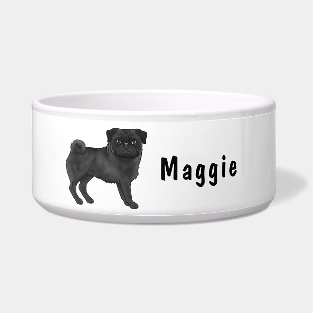 Black Pug Cute Cartoon Dog With Custom Name Bowl (Front)