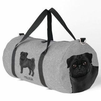 Black Pug Cute Cartoon Dog With Custom Name Gray Duffle Bag