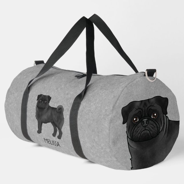 Black Pug Cute Cartoon Dog With Custom Name Gray Duffle Bag (Left Corner)