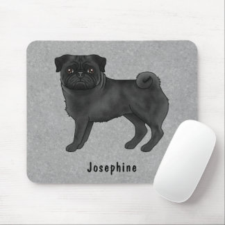 Black Pug Cute Cartoon Dog With Custom Name Gray Mouse Pad