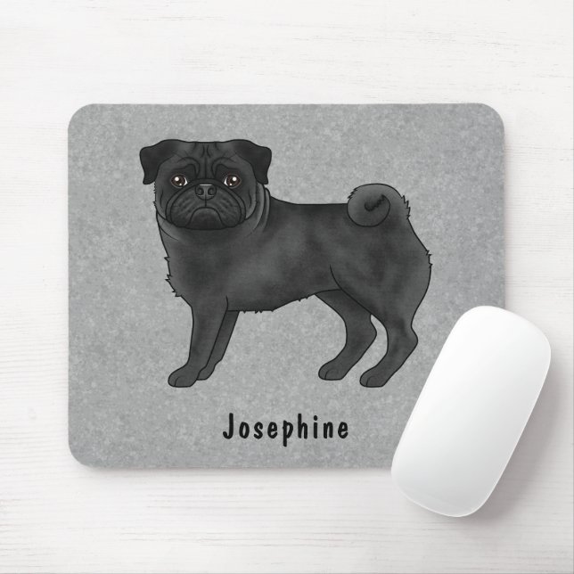 Black Pug Cute Cartoon Dog With Custom Name Gray Mouse Pad (With Mouse)