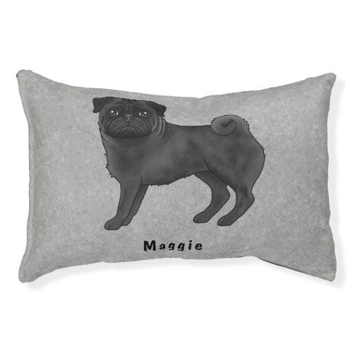 Black Pug Cute Cartoon Dog With Custom Name Gray Pet Bed