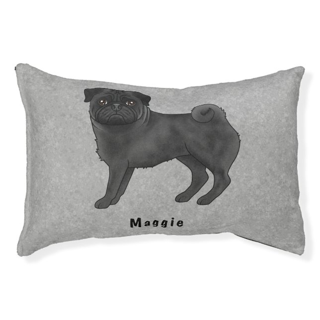 Black Pug Cute Cartoon Dog With Custom Name Gray Pet Bed (Front)