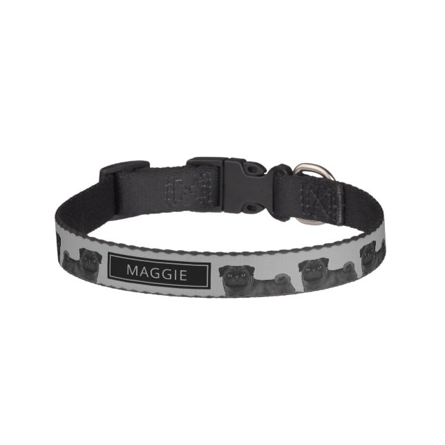 Black Pug Cute Cartoon Dog With Custom Name Gray Pet Collar (Front)