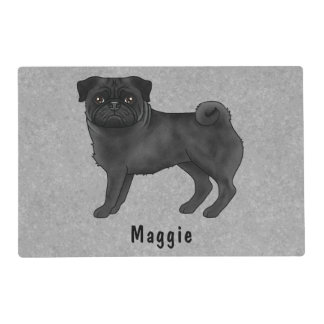 Black Pug Cute Cartoon Dog With Custom Name Gray Placemat