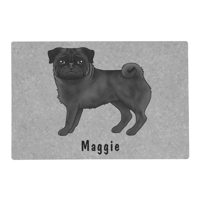 Black Pug Cute Cartoon Dog With Custom Name Gray Placemat (Front)