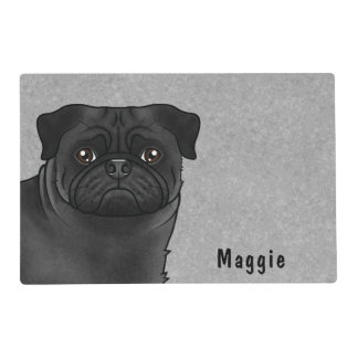 Black Pug Cute Cartoon Dog With Custom Name Gray Placemat