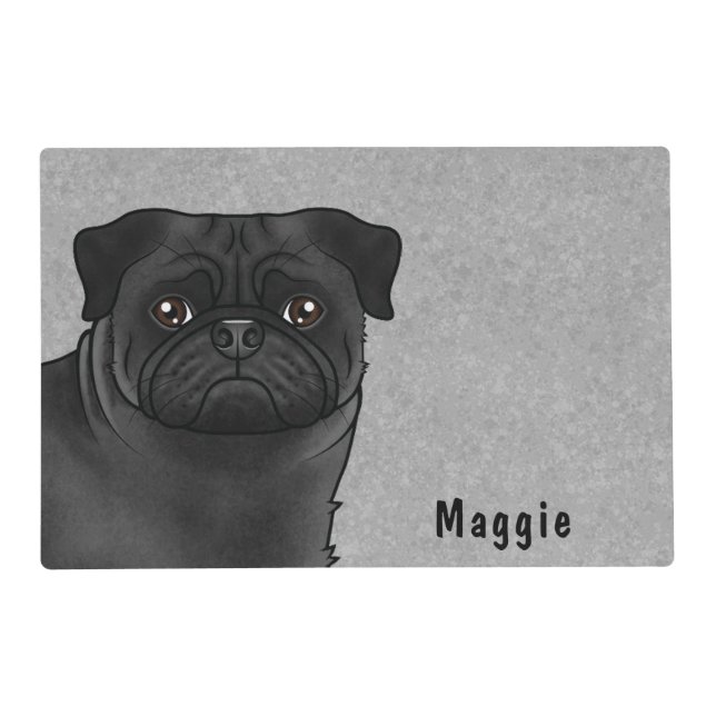Black Pug Cute Cartoon Dog With Custom Name Gray Placemat (Front)