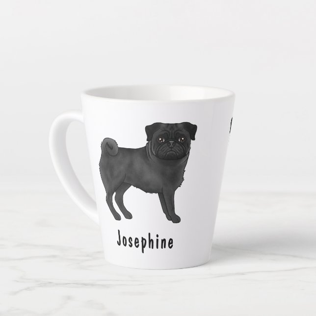 Black Pug Cute Cartoon Dog With Custom Name Latte Mug (Left Angle)