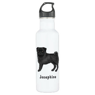 Black Pug Cute Cartoon Dog With Custom Name Stainless Steel Water Bottle