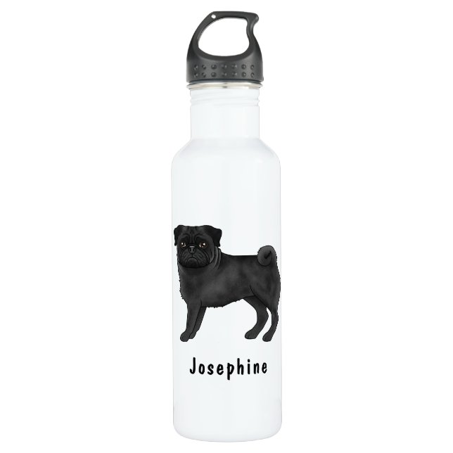 Black Pug Cute Cartoon Dog With Custom Name Stainless Steel Water Bottle (Front)