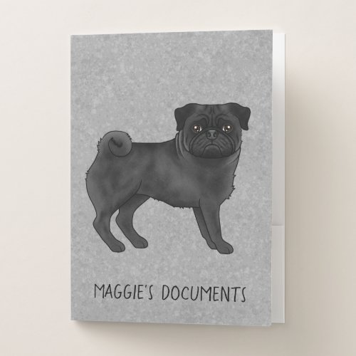 Black Pug Cute Cartoon Dog With Custom Text Gray Pocket Folder