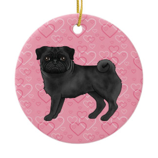 Black Pug Cute Mops On Pink Hearts Pet Memorial Ceramic Ornament