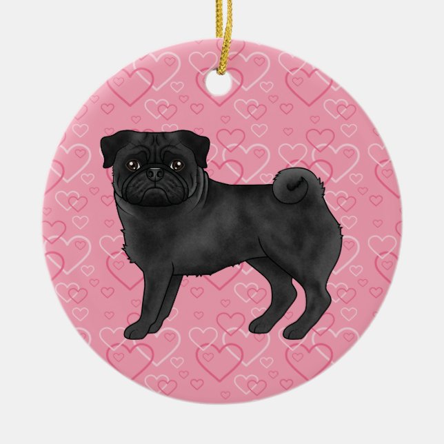 Black Pug Cute Mops On Pink Hearts Pet Memorial Ceramic Ornament (Front)
