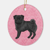 Black Pug Cute Mops On Pink Hearts Pet Memorial Ceramic Ornament (Left)