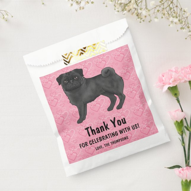 Black Pug Cute Mops On Pink Hearts Thank You Favor Bag (Sealed)