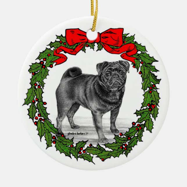 Black Pug Dog Art by Glenda S. Harlan Ceramic Ornament (Front)