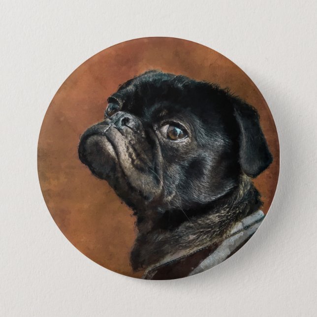 Black Pug Dog Artwork Button (Front)