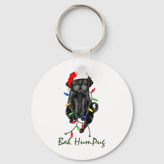 Black Pug Dog Bah Humpug Funny Christmas Keychain (Front)