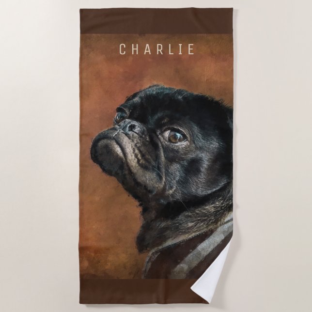 Black Pug Dog Beach Towel (Front)