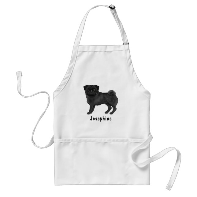 Black Pug Dog Breed Cute Cartoon Dog And Name Adult Apron (Front)