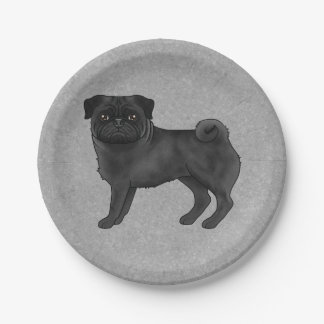 Black Pug Dog Breed Cute Cartoon Illustration Gray Paper Plates