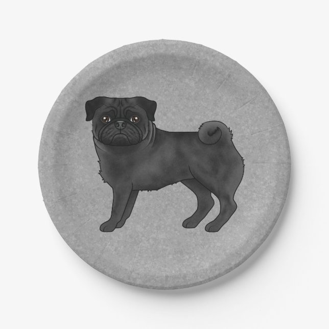 Black Pug Dog Breed Cute Cartoon Illustration Gray Paper Plates (Front)