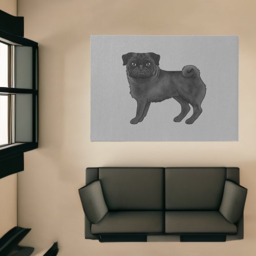 Black Pug Dog Breed Cute Cartoon Illustration Gray Rug