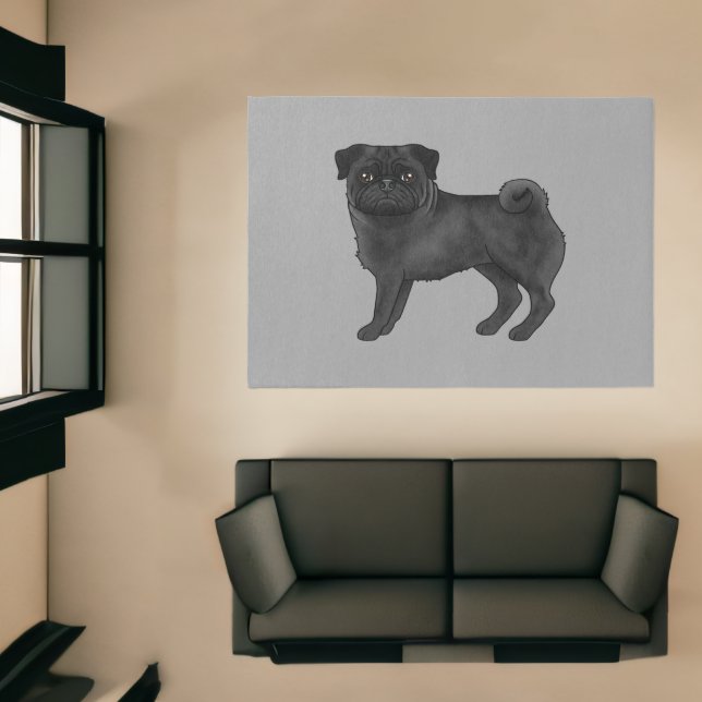 Black Pug Dog Breed Cute Cartoon Illustration Gray Rug (Insitu (Indoor 1))