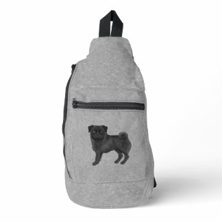 Black Pug Dog Canine Cartoon Dog Illustration Gray Sling Bag