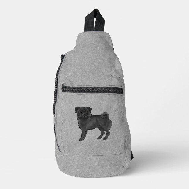Black Pug Dog Canine Cartoon Dog Illustration Gray Sling Bag (Front)