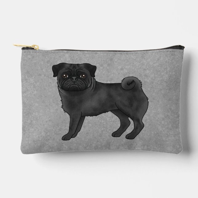 Black Pug Dog Canine Cartoon Illustration Gray Accessory Pouch (Front)