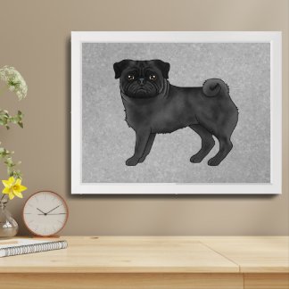 Black Pug Dog Canine Cute Cartoon Illustration Framed Art
