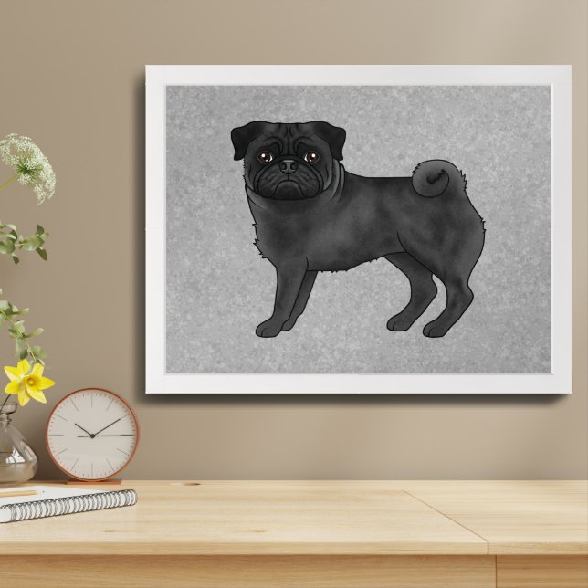 Black Pug Dog Canine Cute Cartoon Illustration Framed Art (Table Top)