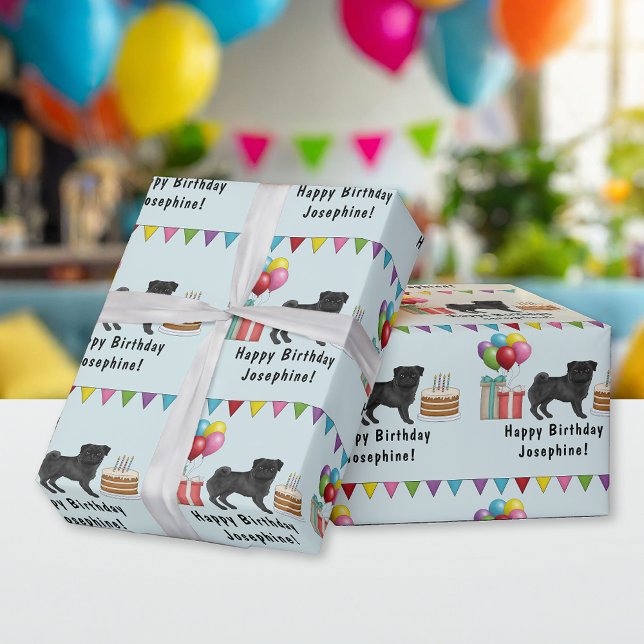 Black Pug Dog Cartoon Mops Colorful Happy Birthday Wrapping Paper (Creator Uploaded)