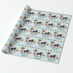 Black Pug Dog Cartoon Mops Colorful Happy Birthday Wrapping Paper