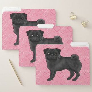 Black Pug Dog Cartoon Mops Love Heart Pattern Pink File Folder