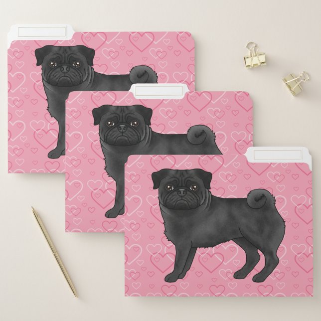 Black Pug Dog Cartoon Mops Love Heart Pattern Pink File Folder (Set)