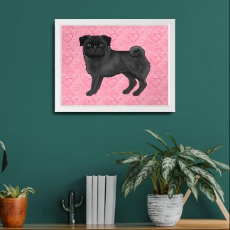 Black Pug Dog Cartoon Mops Love Heart Pattern Pink Framed Art